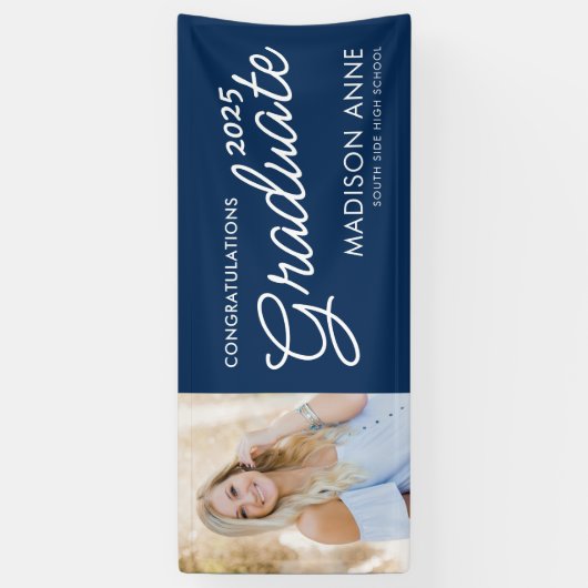 Modernes Script Foto Navy Blue Abschluss Banner (Vertikal)