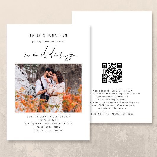 Modernes Script Foto QR Code Hochzeit Einladung