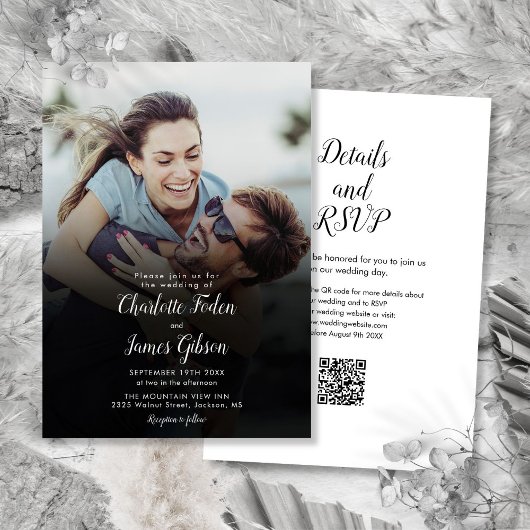 Modernes Script Foto QR Code Hochzeit Einladung