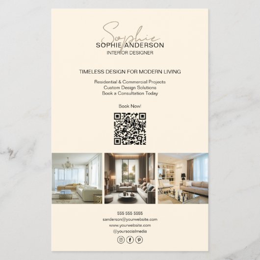 Modernes Script Foto QR Creme Beruflich Business Flyer (Vorne)