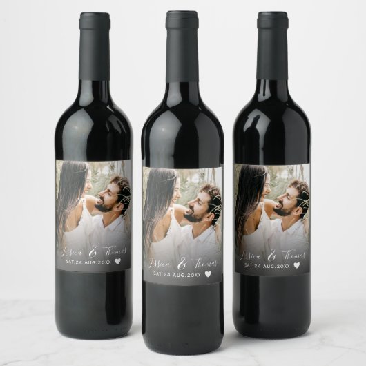 Modernes Script Foto Schwarz & Weiß Hochzeit Weinetikett (Flaschen)