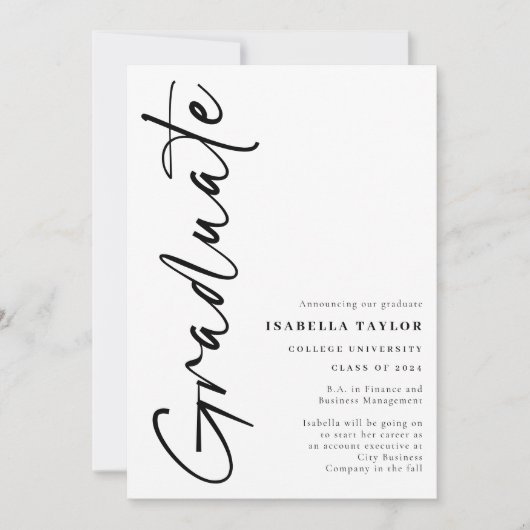 Modernes Script-Foto Schwarz-weißer Abschluss Ankündigung (Vorderseite)