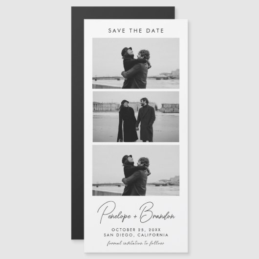 Modernes Script-Foto-Strip Magnetic Wedding Magnetkarte (Vorne/Hinten)