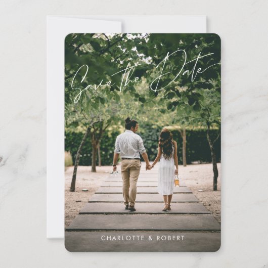 Modernes Script-Foto zum Hochfahren von Datumsvorl Save The Date (Vorderseite)