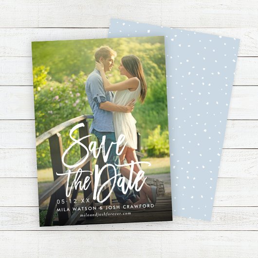 Modernes Script für Hochzeit-Foto Dusty Blue Save The Date
