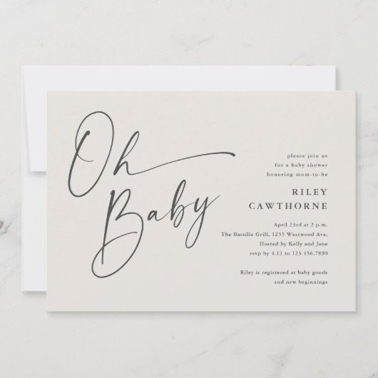 Modernes Script Gender Neutral Oh Baby Dusche Einladung (Vorderseite)