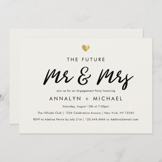 Modernes Script Gold Future Mr. und Mrs. Verlobung Einladung (Vorne/Hinten)