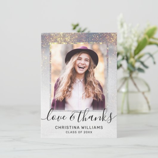 Modernes Script Gold Glitzer 2 Foto Abschluss als Dankeskarte (Stehend Vorderseite)