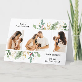 Modernes Script Gold Greenery Baby First Christmas Feiertagskarte