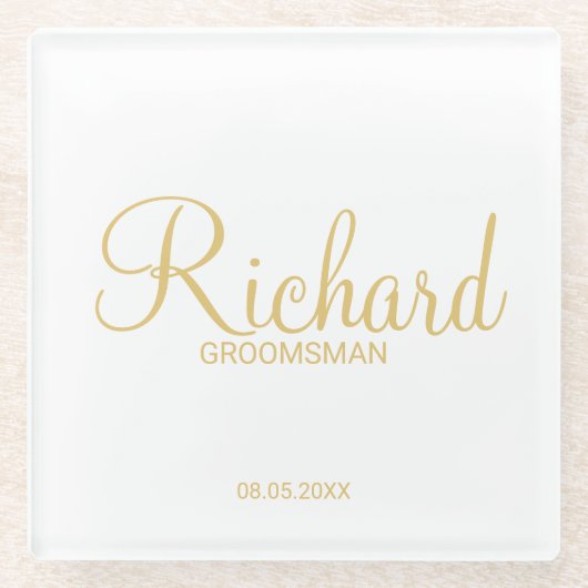 Modernes Script Gold Personalisierter Trauzeuge Glasuntersetzer (Vorderseite)