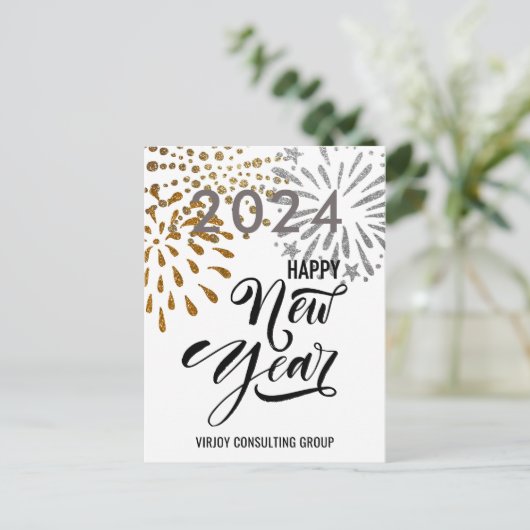 Modernes Script Gold Silber Fireworks Business Fot Postkarte (Stehend Vorderseite)