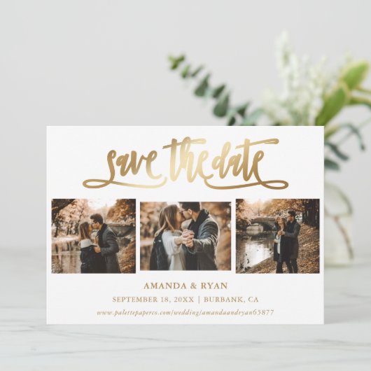 Modernes Script Gold Wedding Foto Save the Date (Stehend Vorderseite)