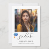 Modernes Script Graduate Foto Blue Graduation Cap Ankündigung (Vorderseite)