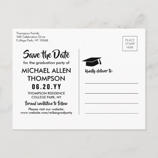 Modernes Script Graduation Party Foto Save the Dat Postkarte (Rückseite)