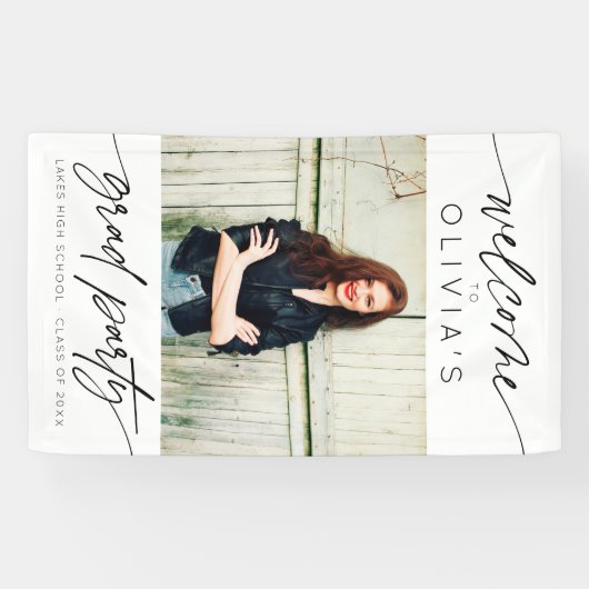 Modernes Script Graduation Party Foto Willkommen Banner (Horizontal)