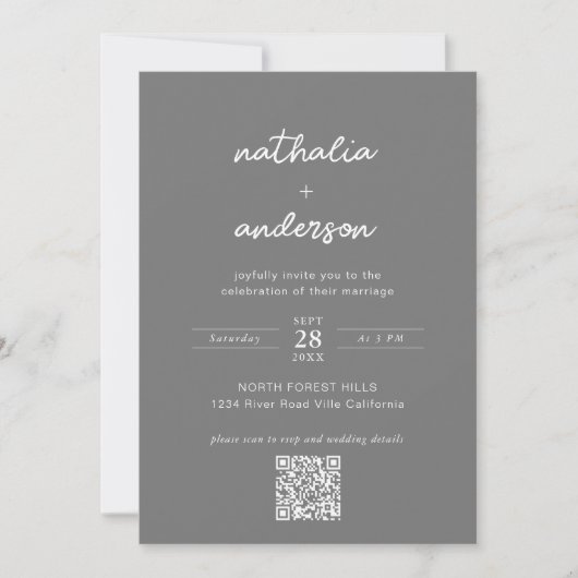 Modernes Script Gray Foto QR Code Hochzeit Einladung (Vorderseite)