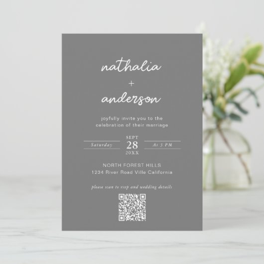Modernes Script Gray Foto QR Code Hochzeit Einladung (Stehend Vorderseite)