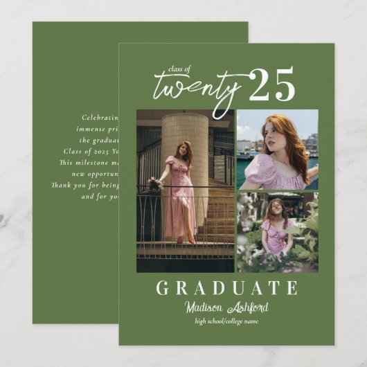Modernes Script Green 3 Foto Collage Abschluss Ankündigung (Vorne/Hinten)