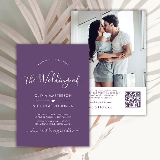 Modernes Script Heart Lila QR Code Foto Hochzeit Einladung
