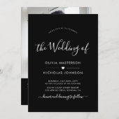 Modernes Script Heart QR Code Foto Black Wedding Einladung (Vorne/Hinten)