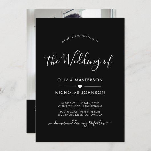 Modernes Script Heart QR Code Foto Black Wedding Einladung (Vorne/Hinten)