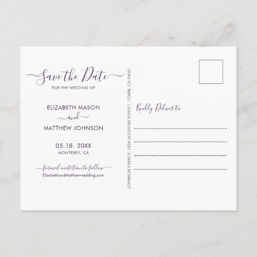 Modernes Script Heft 3 Foto Save the Date Lila Ankündigungspostkarte (Rückseite)