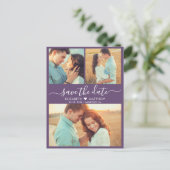 Modernes Script Heft 3 Foto Save the Date Lila Ankündigungspostkarte (Stehend Vorderseite)