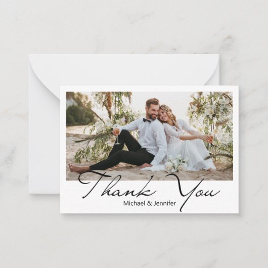 modernes Script Hochzeit Foto danke Mitteilungskarte (Vorderseite)