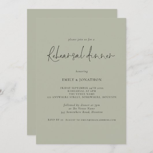 Modernes Script Hochzeit Probe Dinner Light Sage Einladung (Vorne/Hinten)