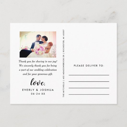 Modernes Script-Hochzeitsskript - Foto Vielen Dank Postkarte (Rückseite)