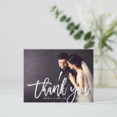 Modernes Script-Hochzeitsskript - Foto Vielen Dank Postkarte (Stehend Vorderseite)