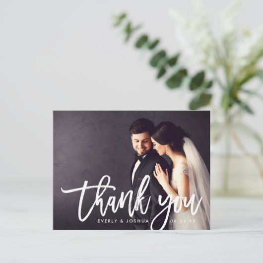 Modernes Script-Hochzeitsskript - Foto Vielen Dank Postkarte (Stehend Vorderseite)