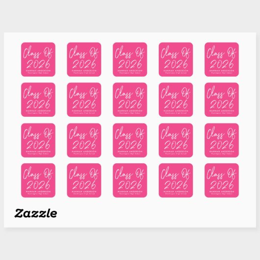 Modernes Script Hot Pink Class of 2025 Abschluss Quadratischer Aufkleber (Blatt)