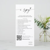 Modernes Script I spy Hochzeitsspiel Empfang Foto Menükarte (Stehend Vorderseite)