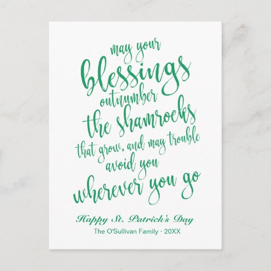 Modernes Script Irish Blessing St. Patrick's Day Postkarte (Vorderseite)