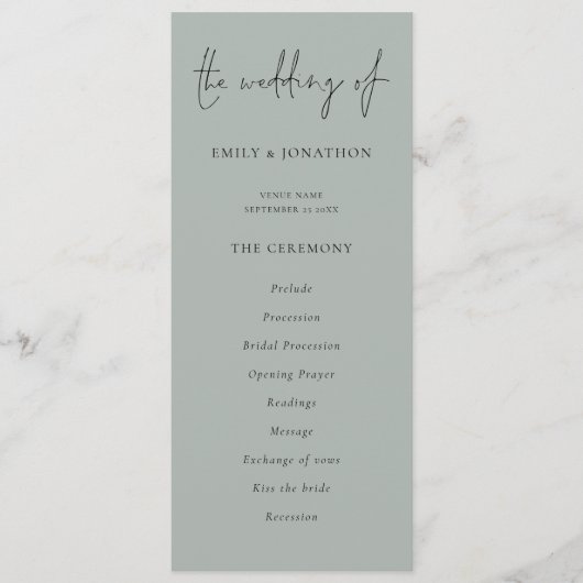 Modernes Script Light Sage Green Wedding Programm (Vorderseite)