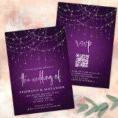Modernes Script Lila String Lights QR Code Hochzei Einladung