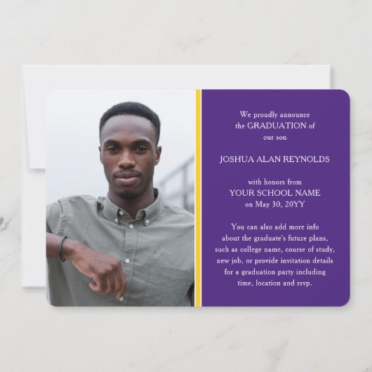 Modernes Script Lila und Gold 4 Foto Abschluss Ankündigung (Rückseite)