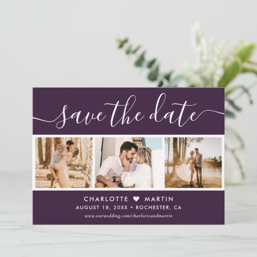 Modernes Script Lila Wedding 4 Foto Save The Date (Stehend Vorderseite)