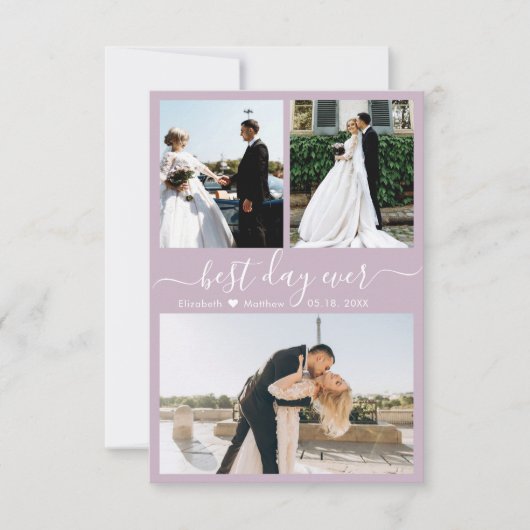 Modernes Script Lilac 3 Foto Collage Wedding Dankeskarte (Vorderseite)