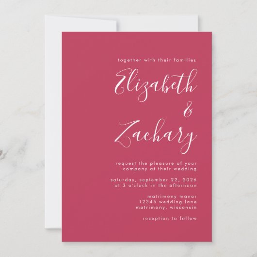 Modernes Script Magenta Wedding Einladung (Vorderseite)