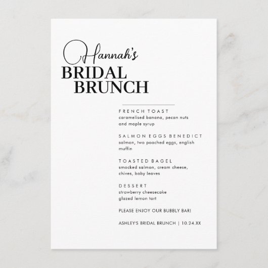 Modernes Script Minimal Bridal Brunch Menü Menükarte (Vorderseite)