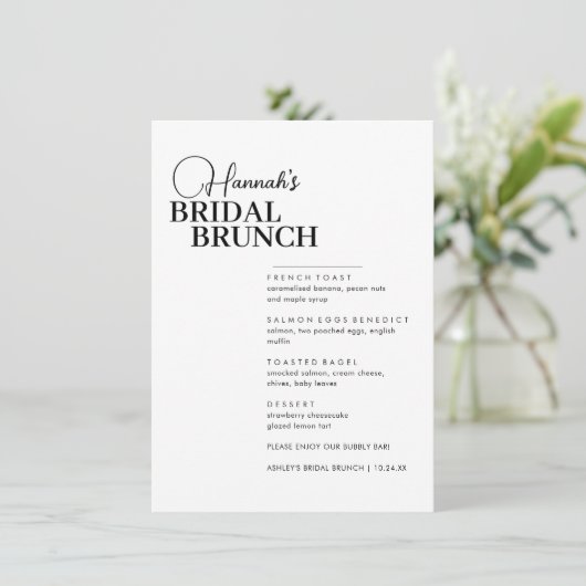 Modernes Script Minimal Bridal Brunch Menü Menükarte (Stehend Vorderseite)