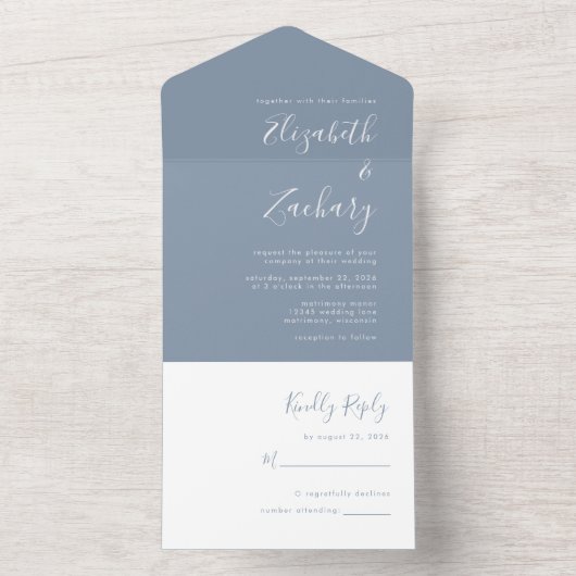 Modernes Script Minimal Dusty Blue Wedding All In One Einladung (Innen Boden)