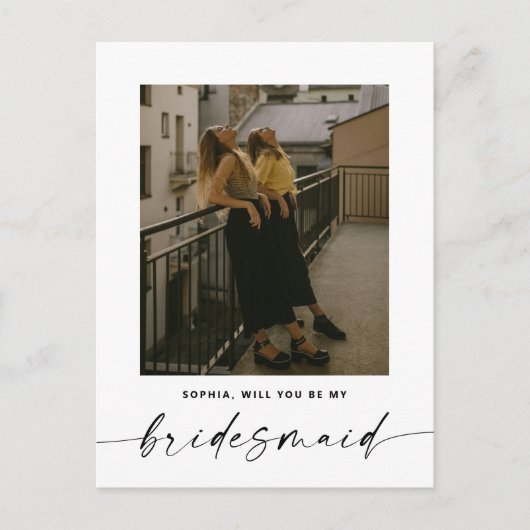 Modernes Script Minimalistisch Bridesmaid Vorschla Postkarte (Vorderseite)