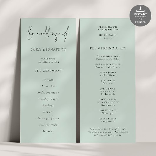 Modernes Script Mint Green Wedding Programm