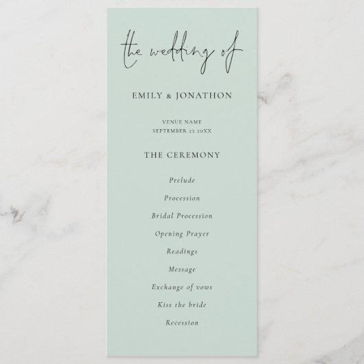 Modernes Script Mint Green Wedding Programm (Vorderseite)