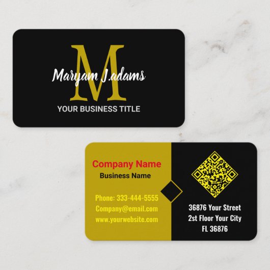 Modernes Script Monogram (QR Code) Chic Black Gold Visitenkarte (Vorne/Hinten)
