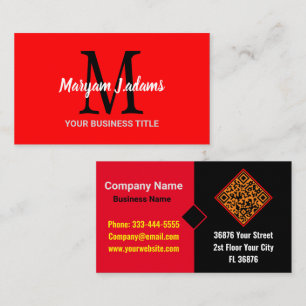 Modernes Script Monogram (QR Code) Chic Black Red Visitenkarte