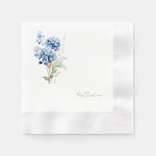 Modernes Script Name Blue Hydrangea Brautparty Serviette (Vorderseite)